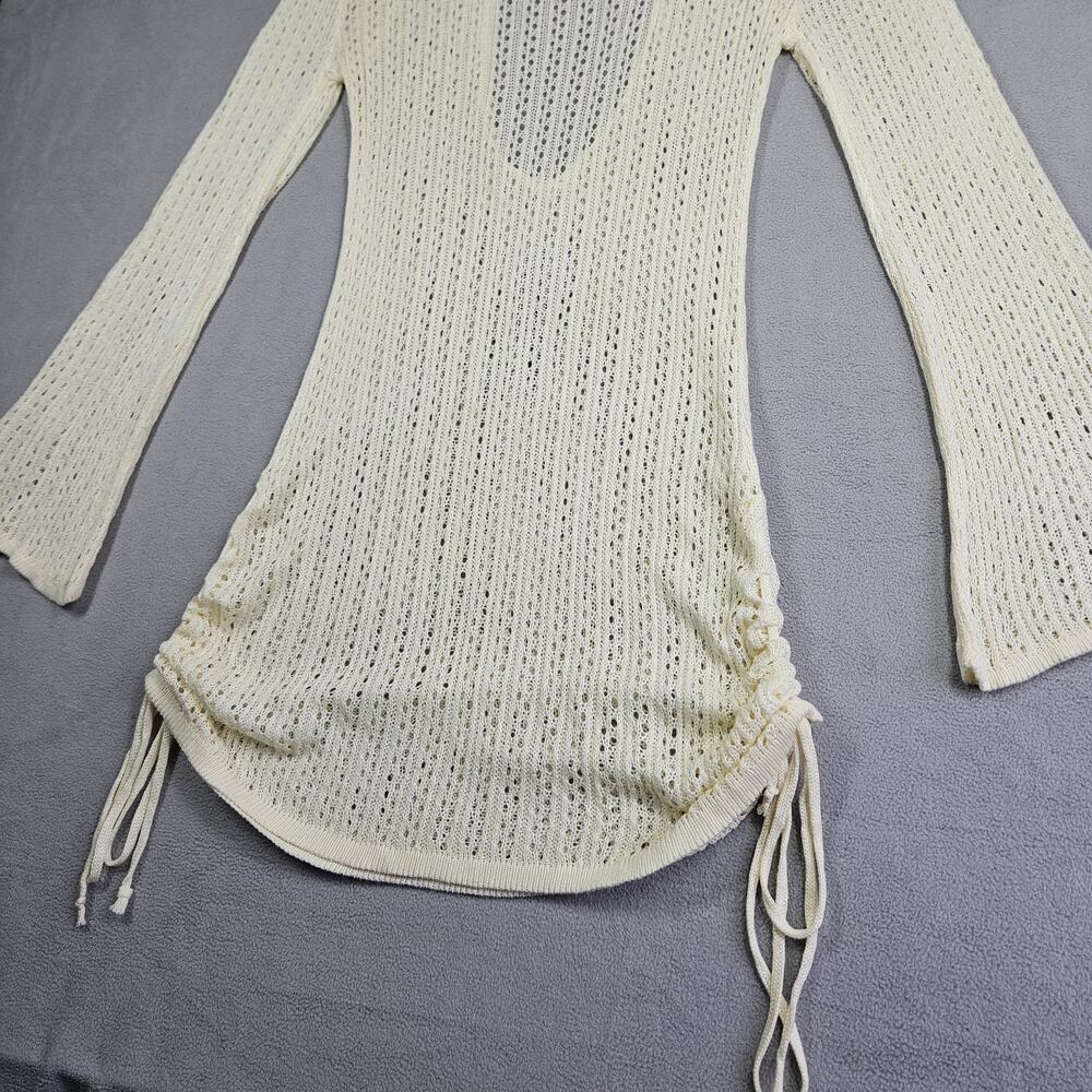 Crochet Cover Up Dress Women Medium Bell Sleeve Cinch Sides Open Knit Beige Swim - Picture 3 of 14